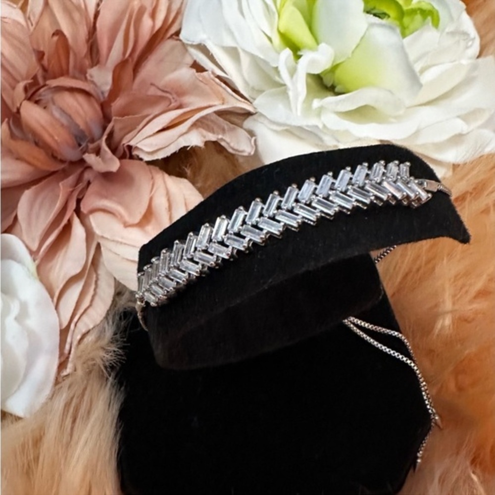 Stacked Chevron Diamond BaguetteTassel Silver Bracelet NEW!